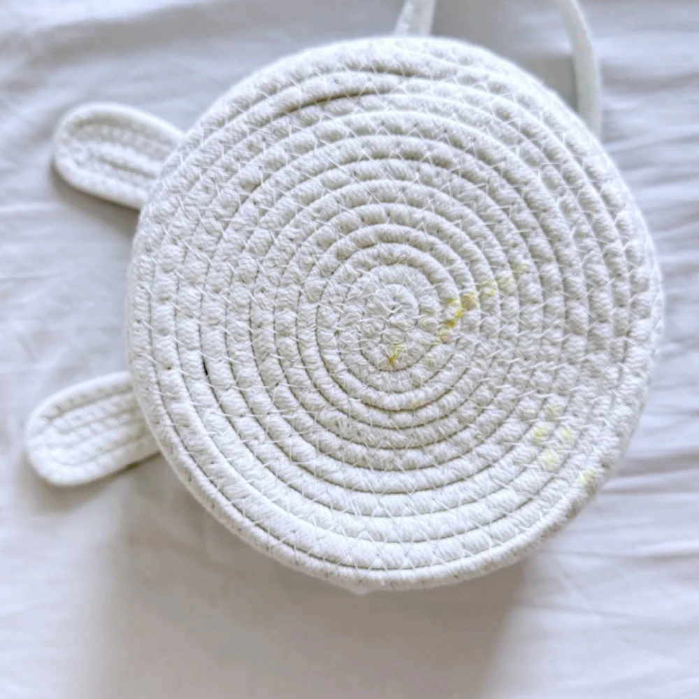 White Easter Bunny Rabbit Basket Coiled Rope Spring.Cute Animal Nursery Children